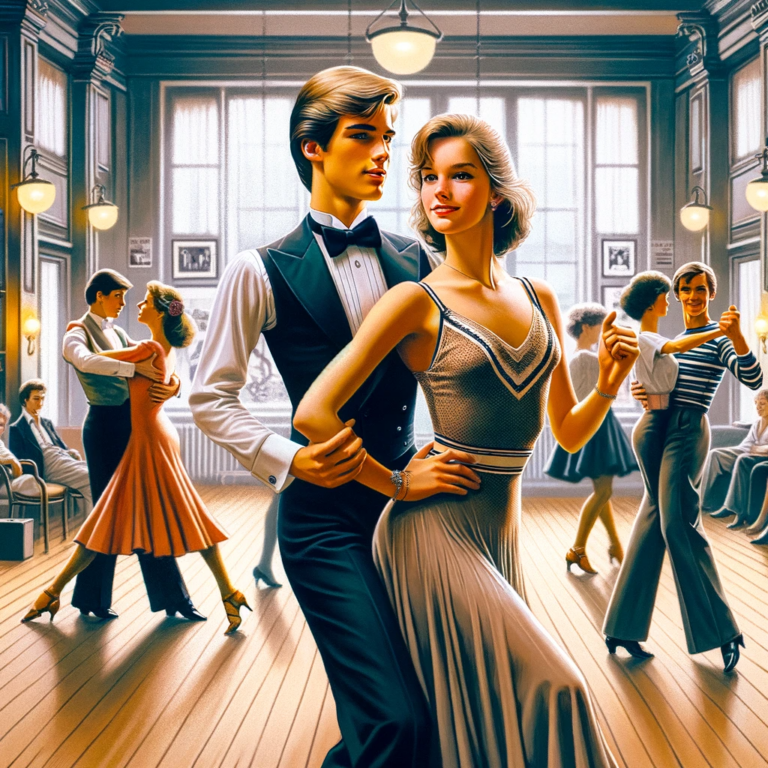 Groot nieuws! En we hebben je hulp nodig. 8 DALL·E 2023 12 07 09.13.23 A visual of a young couple around 20 years old taking ballroom dance lessons in Leiden during the 1980s. The couple is elegantly dressed in typical